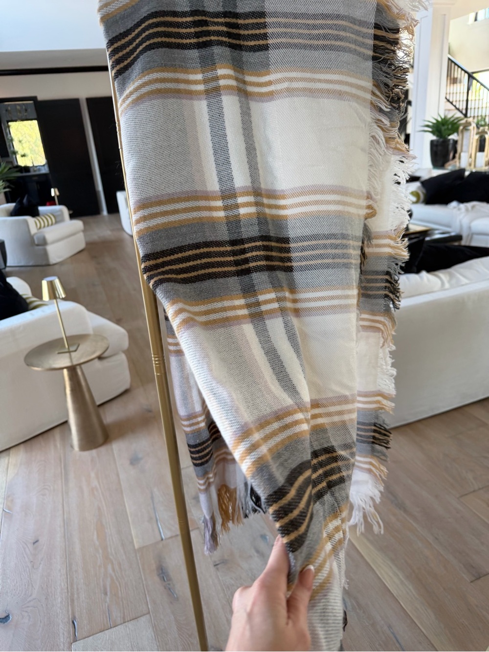 Plaid Fringe Wrap Scarf in Cream, Gray & Brown